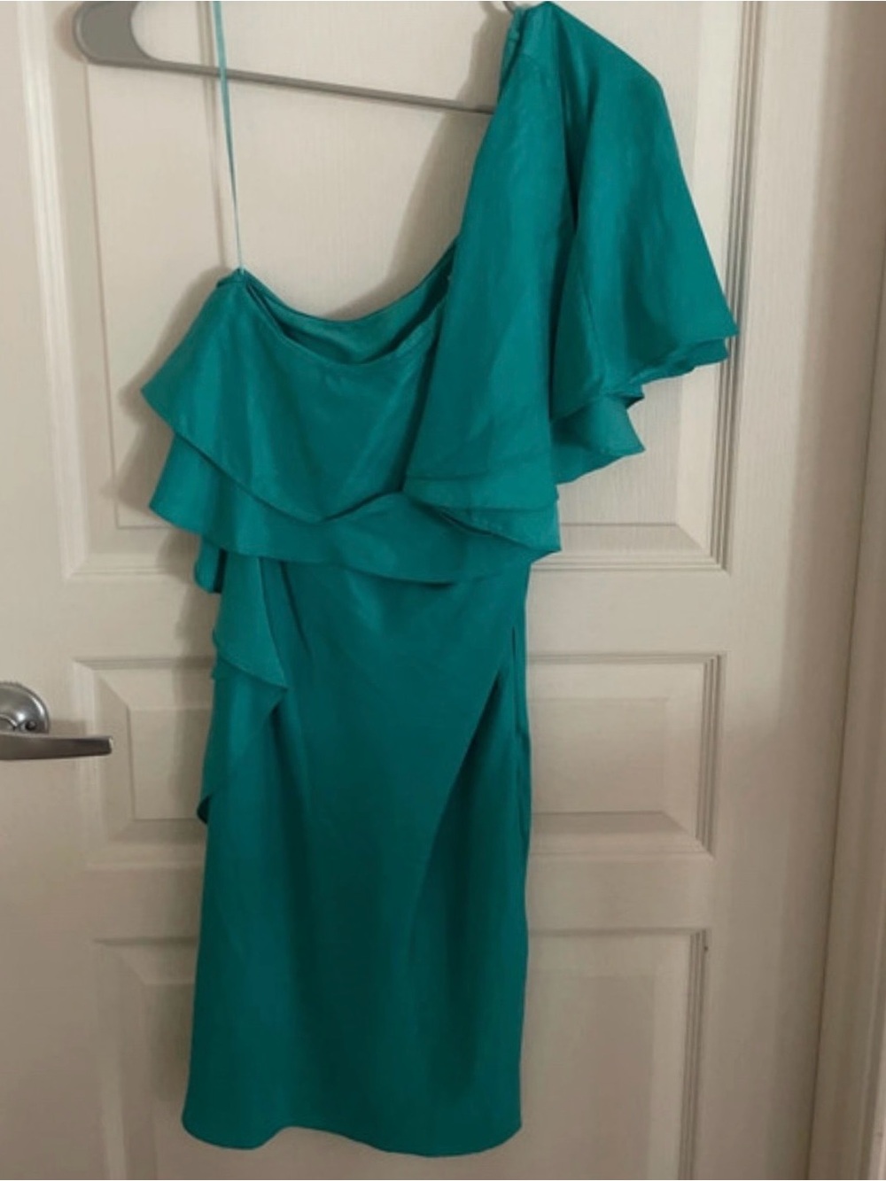 Halston Heritage Teal One-Shoulder Ruffle Dress